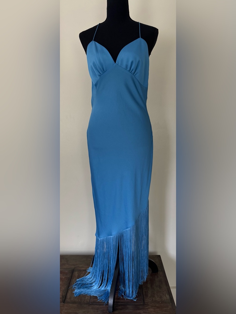 Saylor Haverine blue satin maxi slip dress backless strappy fringe hem women’s M